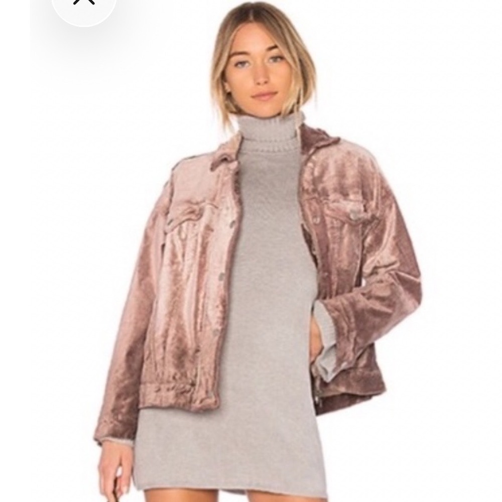 Free People Crushed Velvet Trucker Jacket Rose Gold Blush Oversized M/L